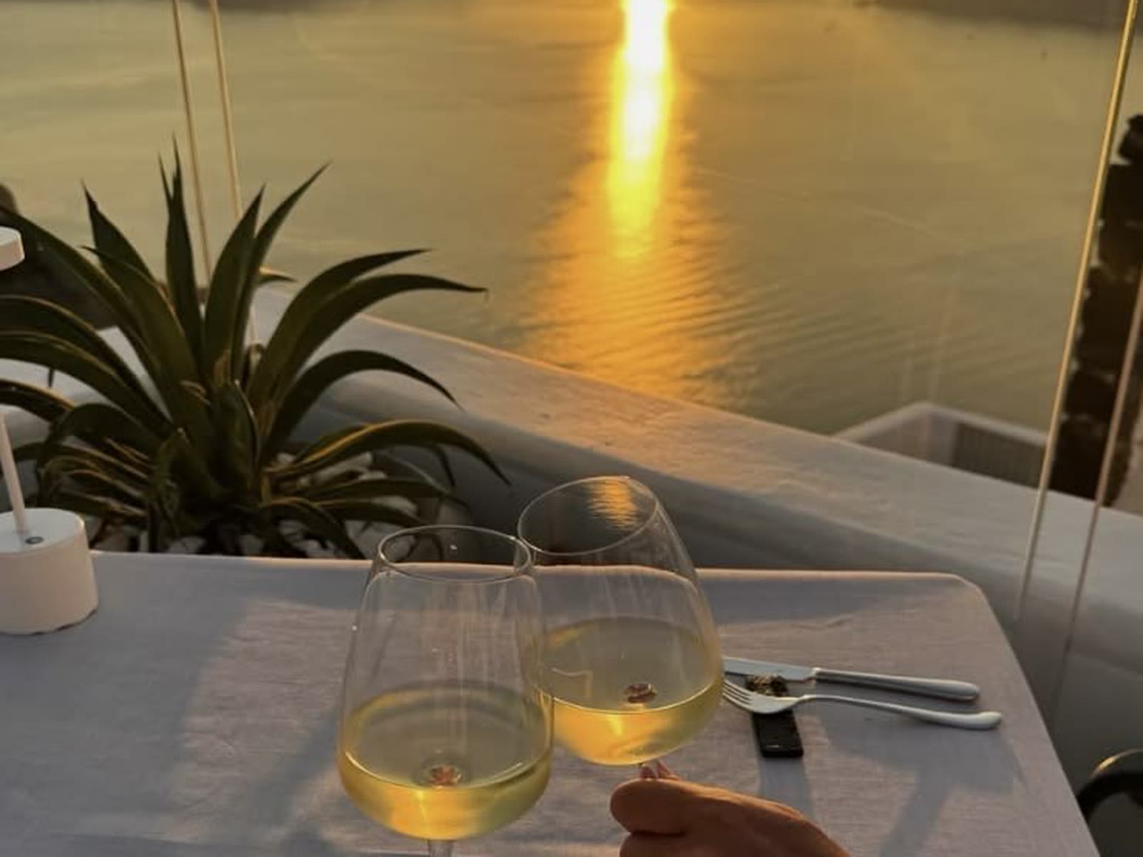 A couple toasting wine glasses at a sunset dinner overlooking the sea